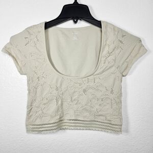 Aerie Superchill Lace Crop Top Beige Medium Scoop Neck